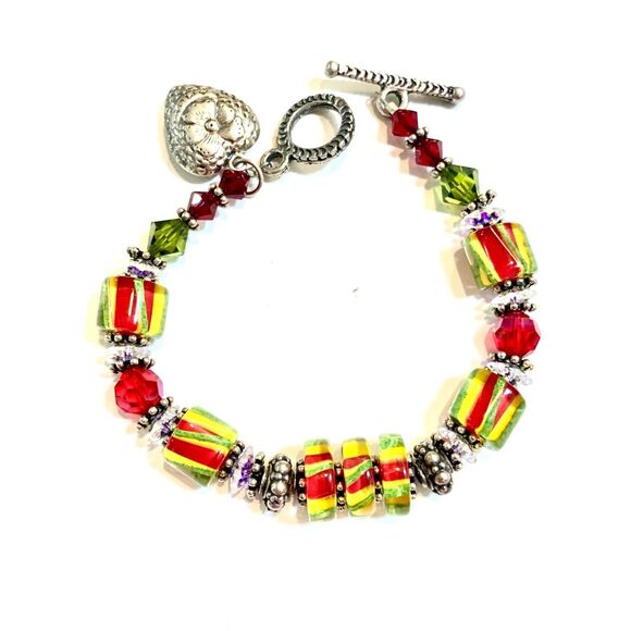 Handmade Lampwork Beads Red Yellow Green with Heart Charm #vintage #festive - Picture 7 of 7